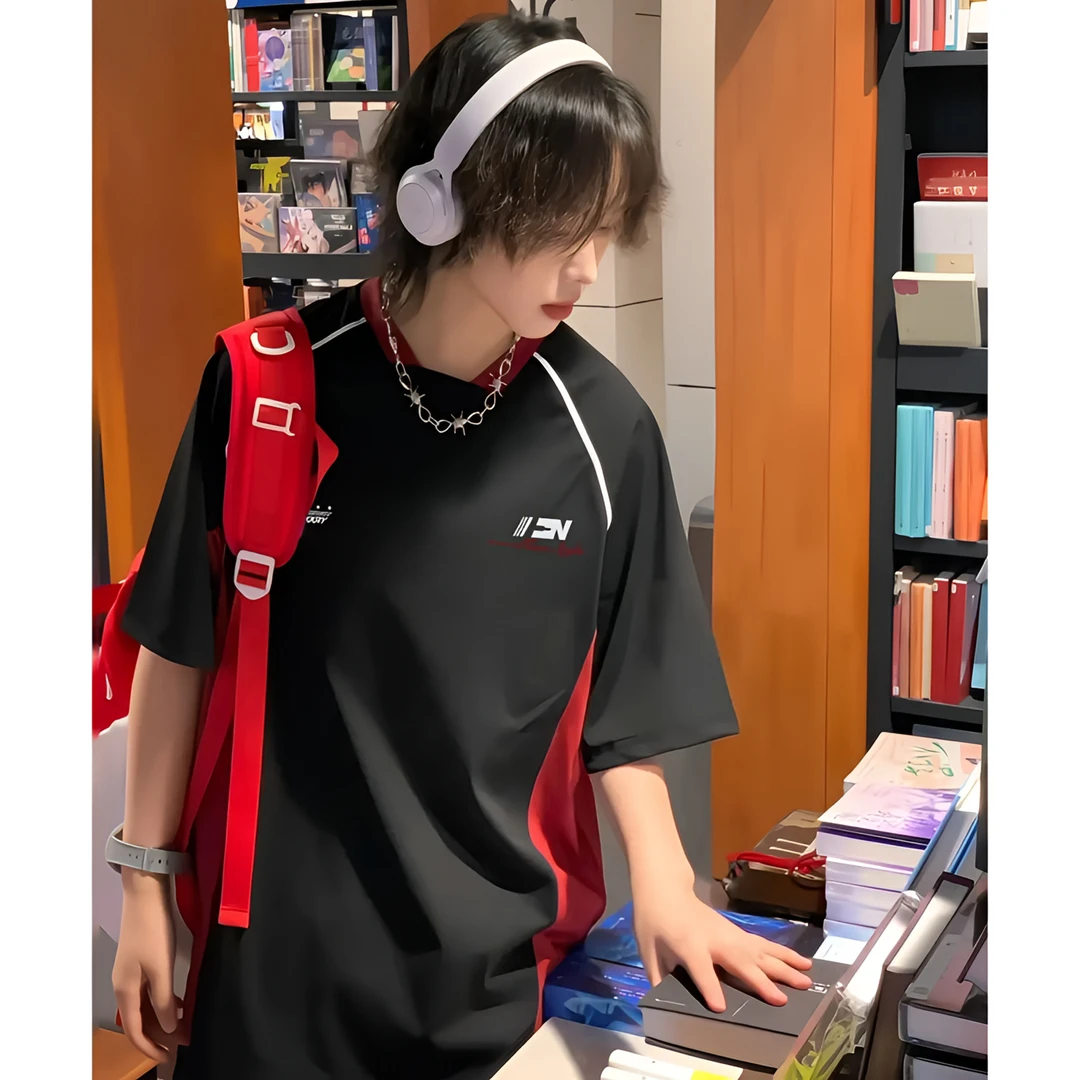 100%纯棉美式创意字母印花拼接短袖t恤男女夏季纯棉休闲情侣上衣