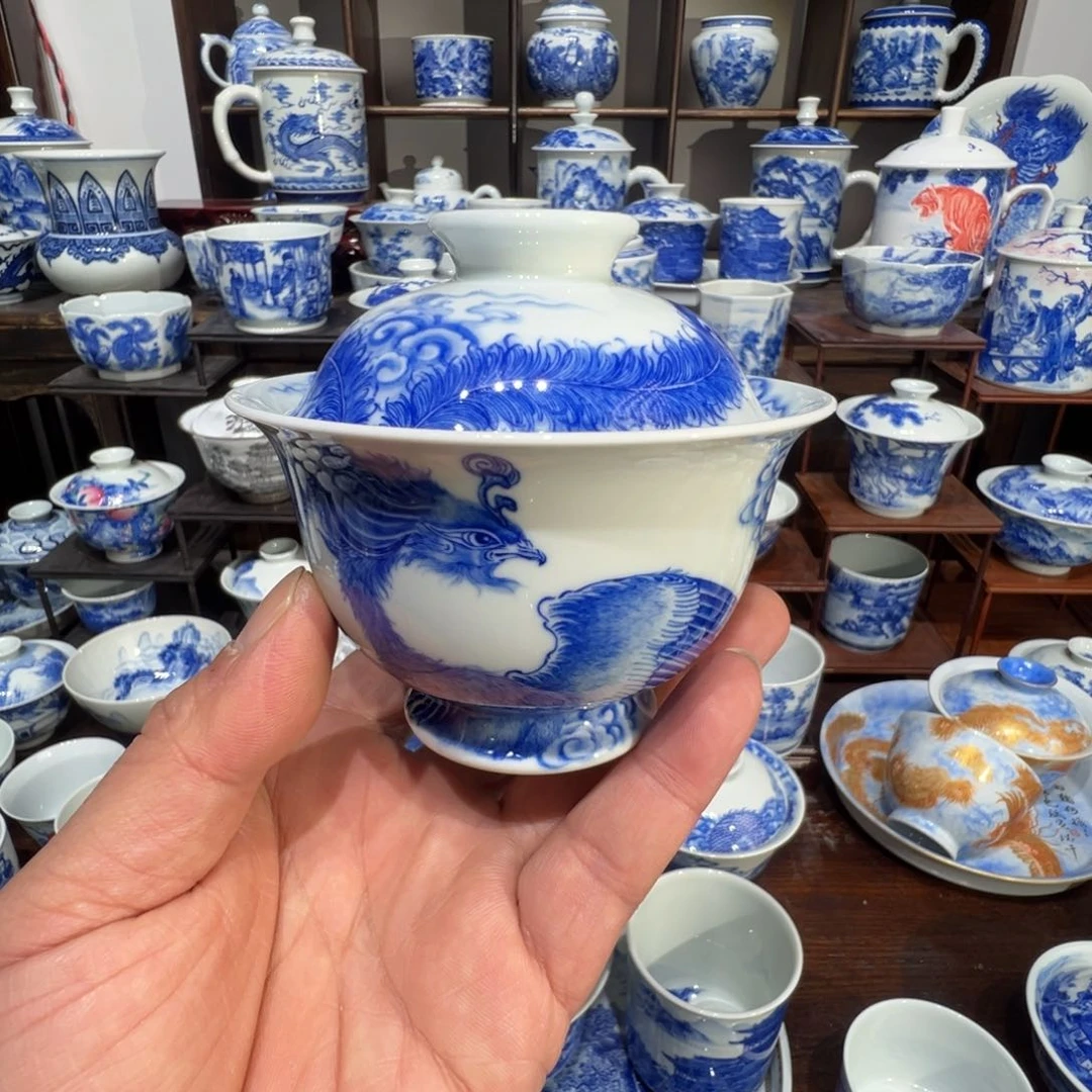 青花精工凤凰盖碗