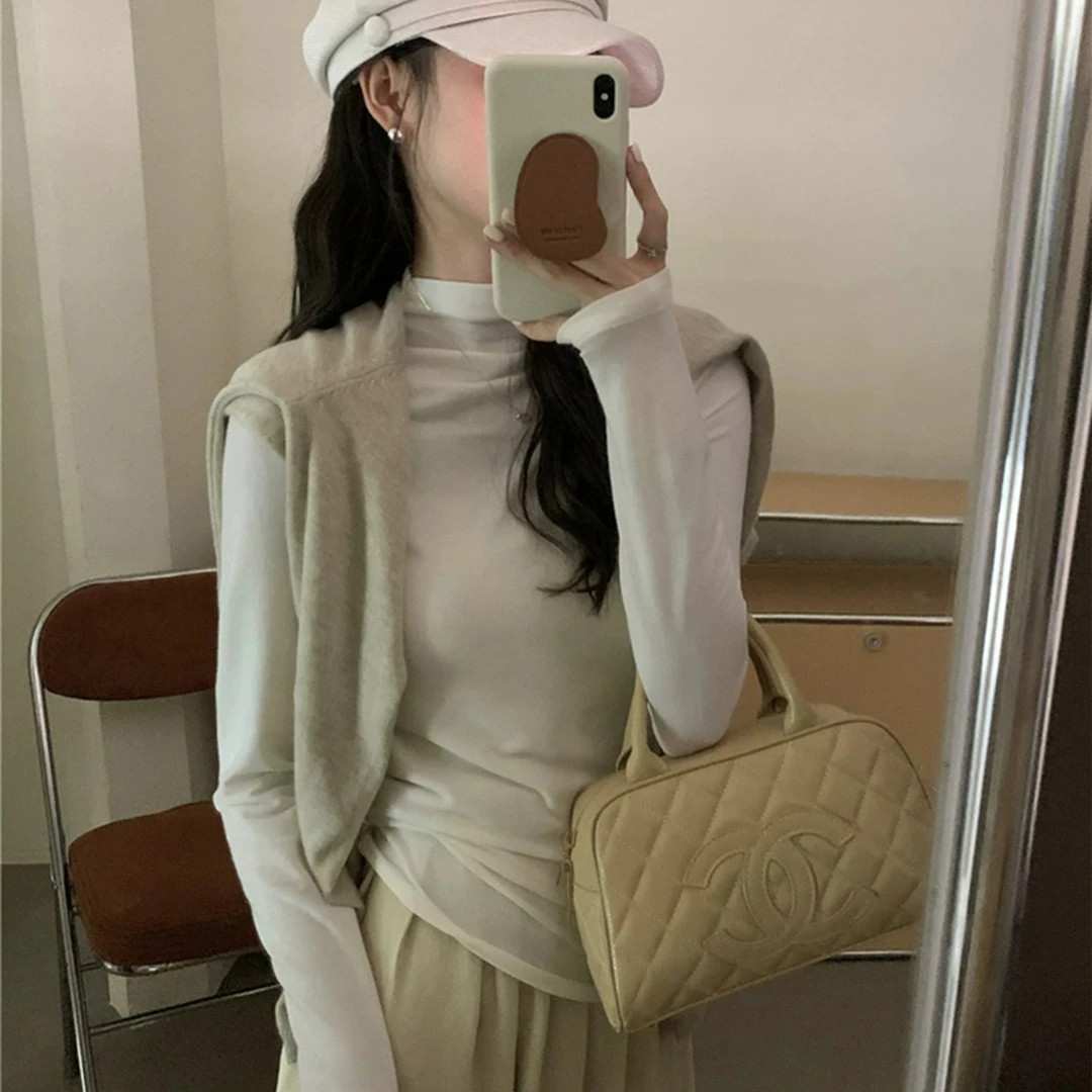 灰色半高领长袖T恤女秋冬新款修身显瘦正肩内搭高弹力立领上衣冬