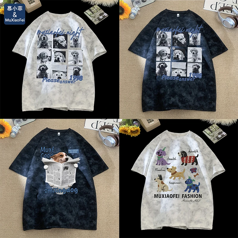 2025夏季新款园领宽松情侣休闲T恤美式潮流扎染小狗印花男生短袖