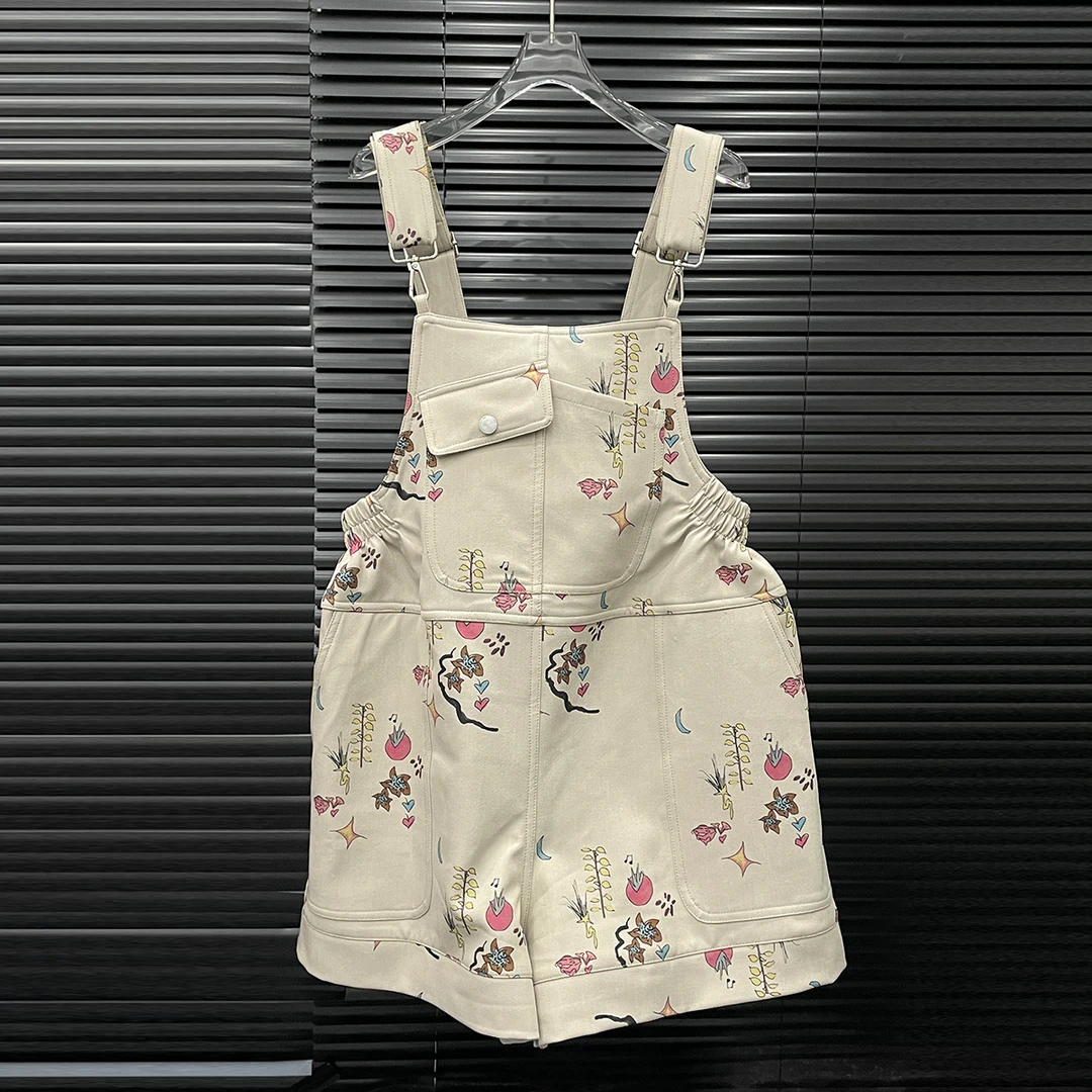 付新博女装手绘印花背带裤女小众设计复古时尚宽松连体短裤14907