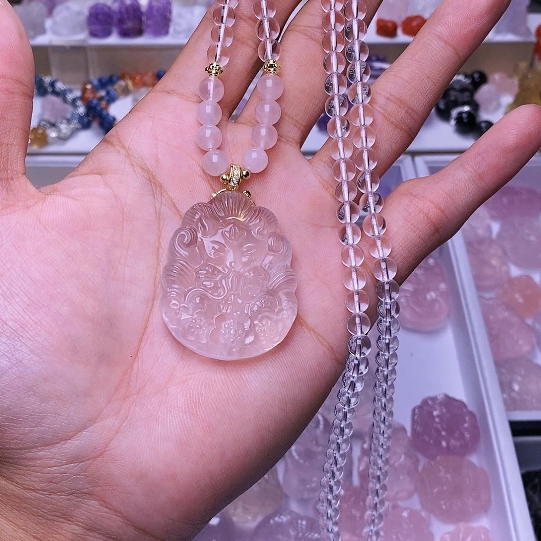 水晶颈饰未镶嵌粉水晶许愿狐吊坠 送链子