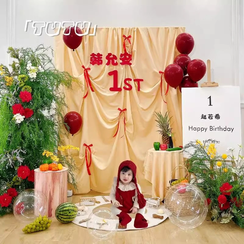 蝴蝶结褶皱背景布香槟米白色韩式女宝宝1周岁拍照道具生日KT布置