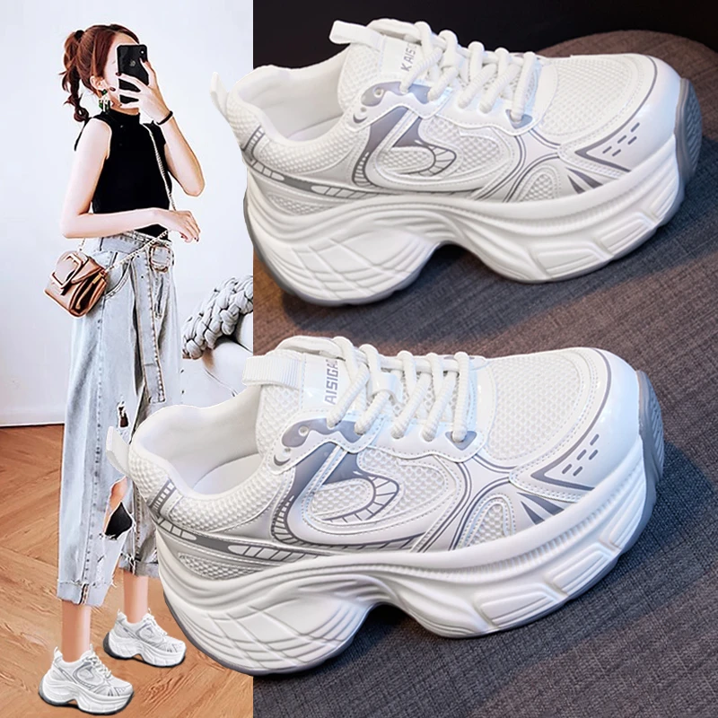 8778金足脚女鞋银色网面增高老爹女款鞋女新款厚底百搭休闲运动鞋