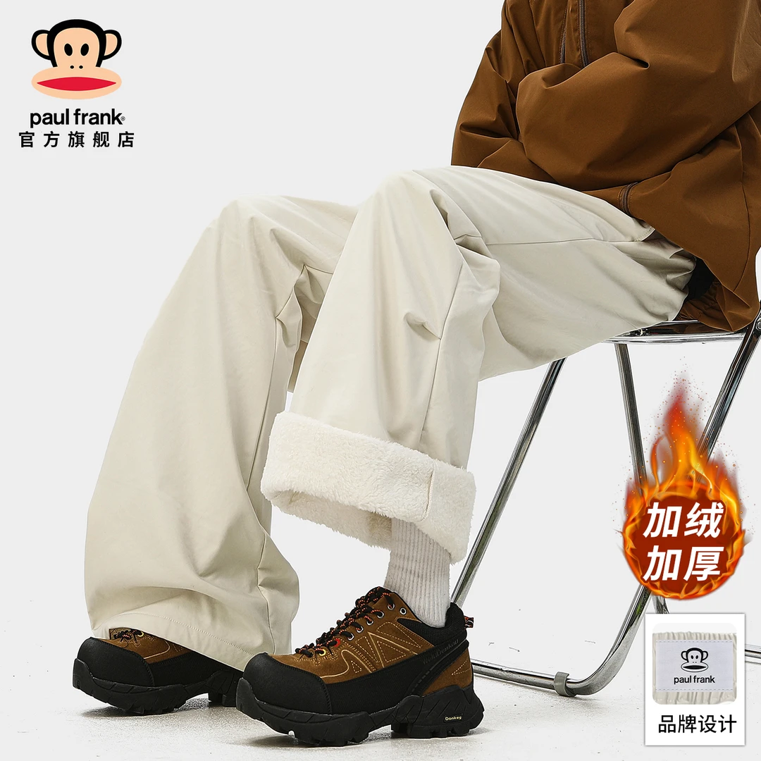 Pau1Frank/大嘴猴加绒保暖休闲裤子男冬季新款美式褶皱宽松直筒裤