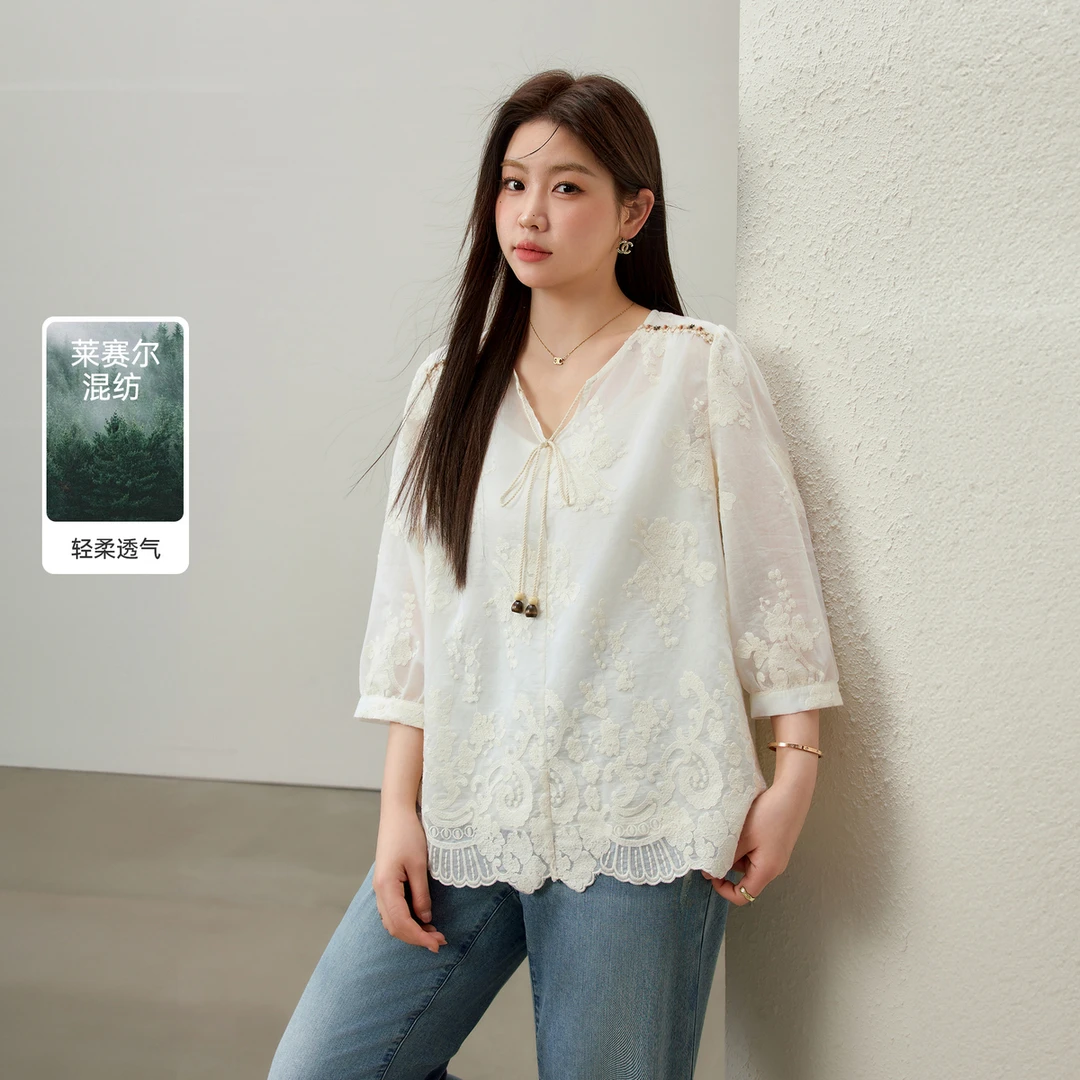 【南法假日】纤莉秀大码女装法式莱赛尔混纺V领民族风衬衫QK2269