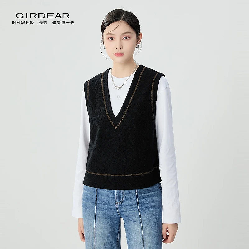 哥弟女装新款时尚百搭V领撞色冚车线极简风强缩羊毛马甲1301066