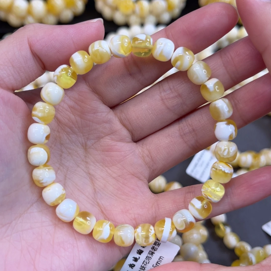 梦***间蜜蜡未镶嵌手链7.5mm金漆白溶洞妖花