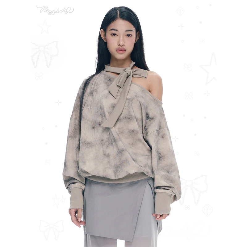 NECY 【燕尾蝶】 蝴蝶结斜肩卫衣 蝴蝶结法式飘带休闲上衣