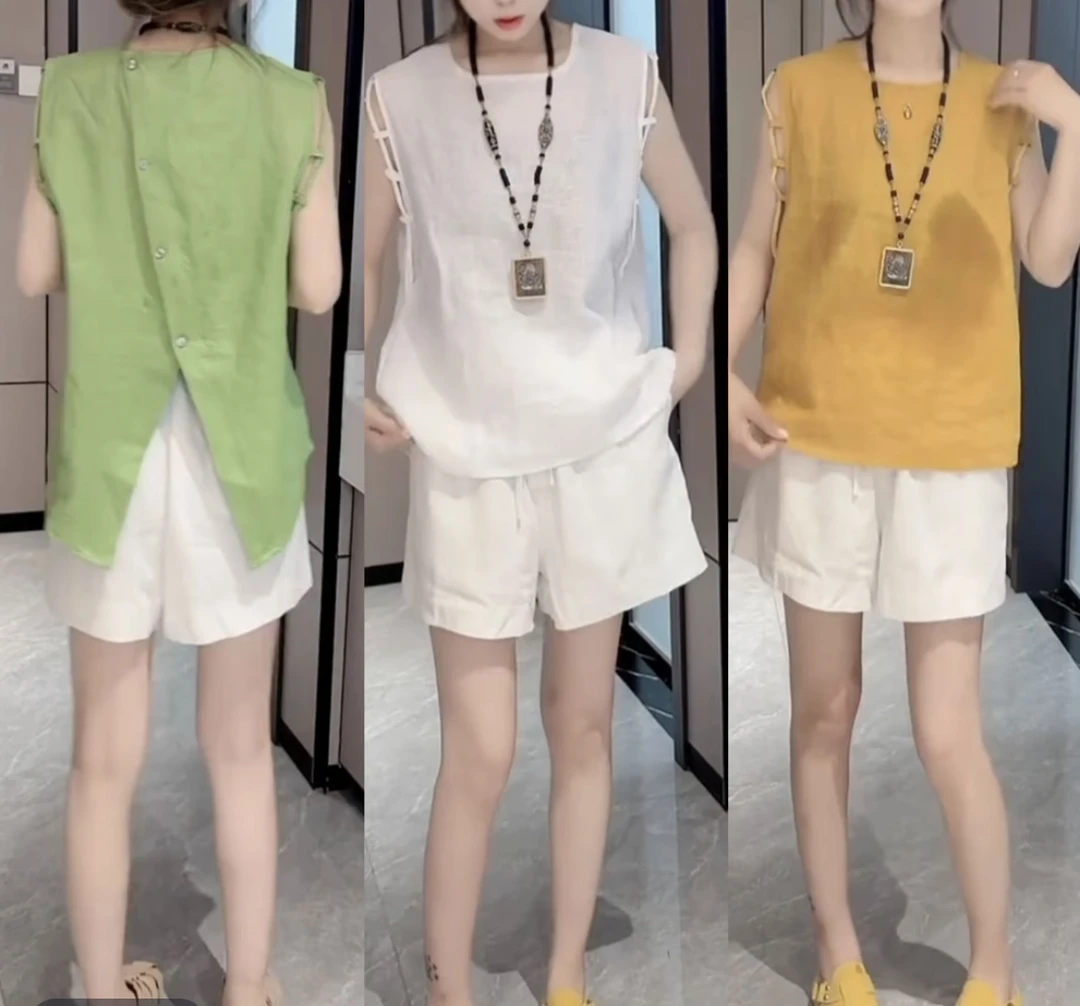 夏季新款薄款设计感亚麻套装宽松显瘦开叉洋气透气无袖短裤两件套