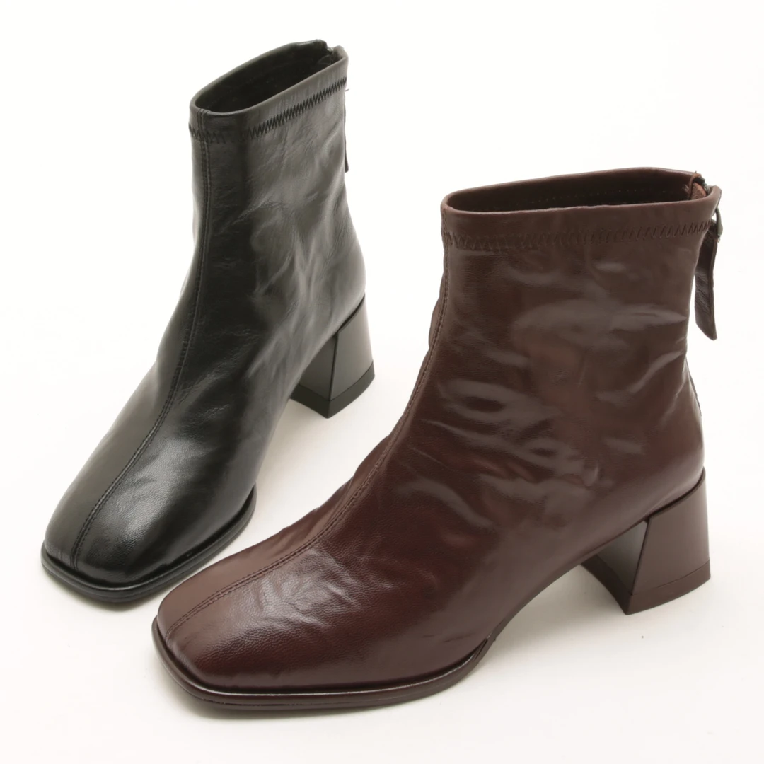 5500冬季新款法式复古方头短靴女显瘦粗跟后拉链百搭时装瘦瘦靴