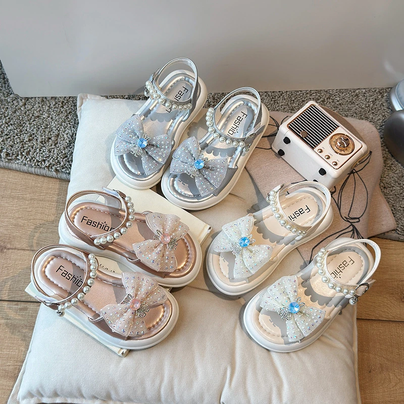 女童凉鞋新款2025夏季软底魔术贴公主鞋结小中大童女孩夏米白色PU