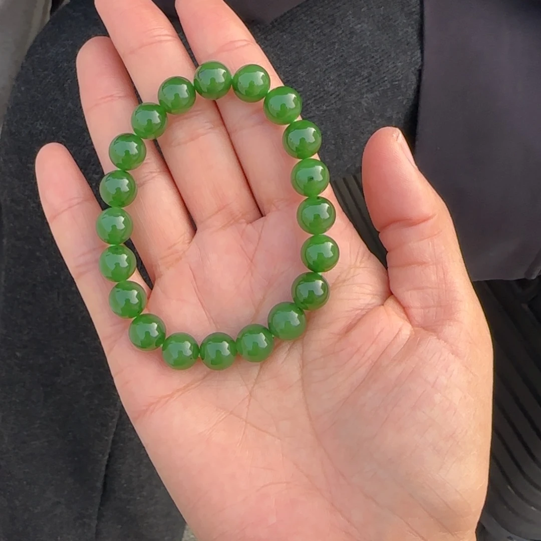 和田玉未镶嵌手链俄碧老料鲜阳绿卡10