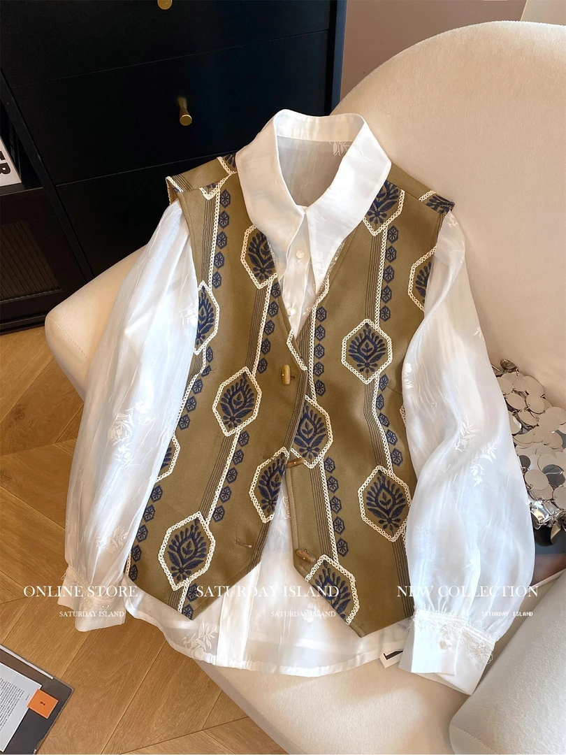 咖色民族风设计感V领无袖马甲外套女2025秋季新款坎肩高级感上衣