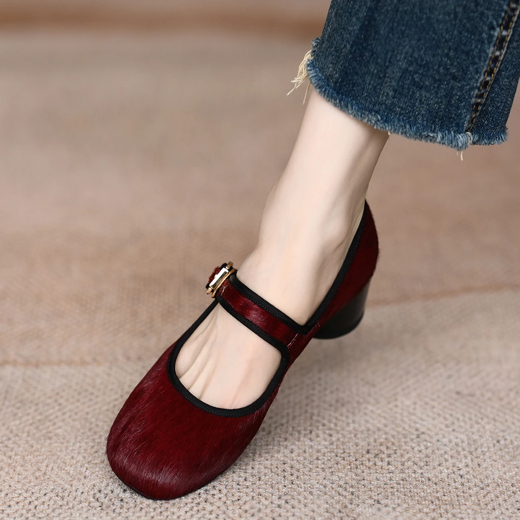 红色玛丽珍鞋女2025新款舒适不累脚中跟圆头浅口马毛单鞋