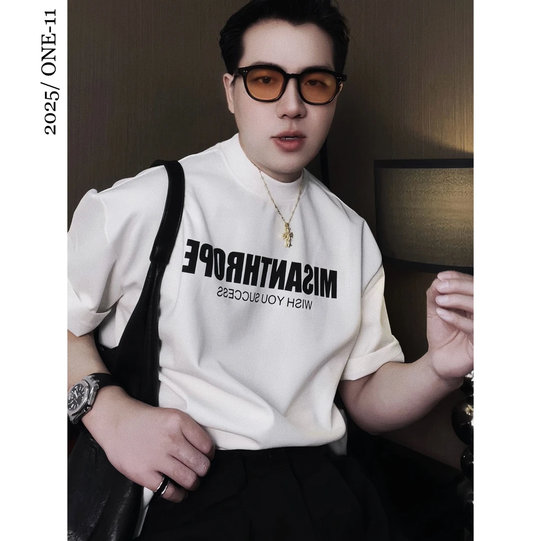 国潮重磅液态棉潮牌宽松胸前刺绣男士短袖t恤夏季小领口男生体恤