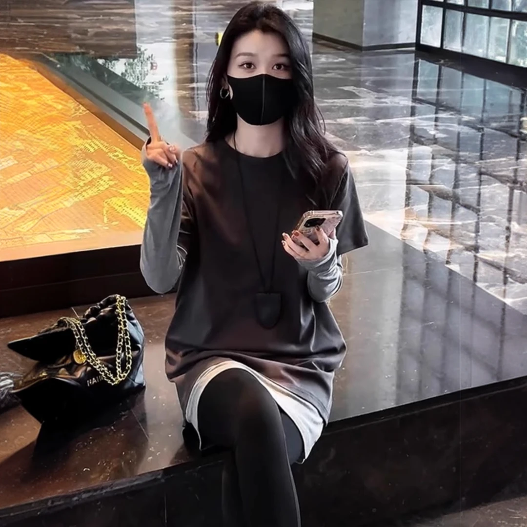 欧货假两件中长款遮屁股长袖t恤女2025年春季新款时尚外穿上衣ins
