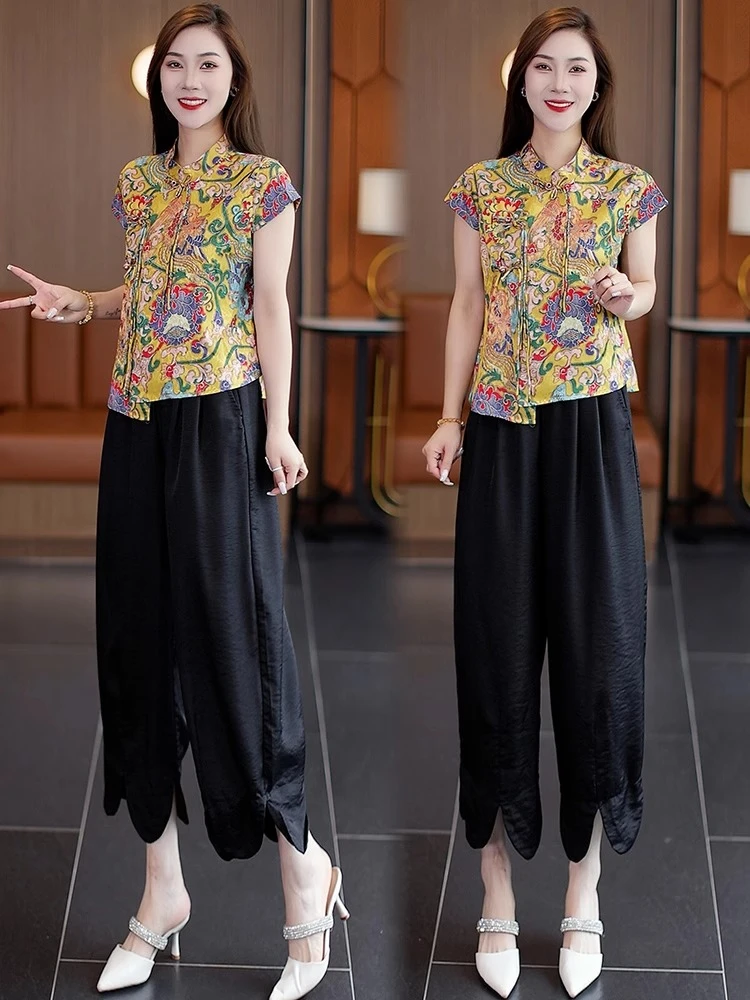 新中式国风套装女夏季新款洋气显瘦盘扣印花短袖上衣阔腿裤两件套