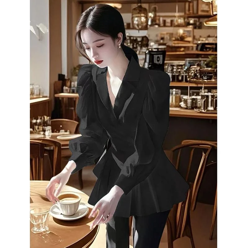 法式高级感气质黑色衬衫女2025年春季新款洋气百搭收腰长袖上衣潮