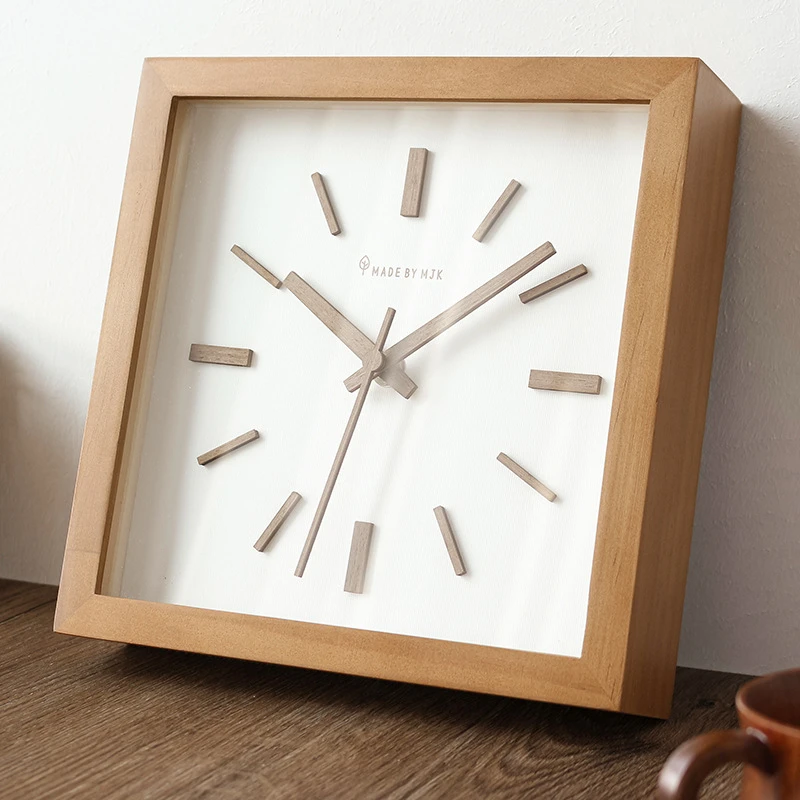 日系客厅时钟中古风实木挂钟复古超静音中式台钟正方形石英座钟表