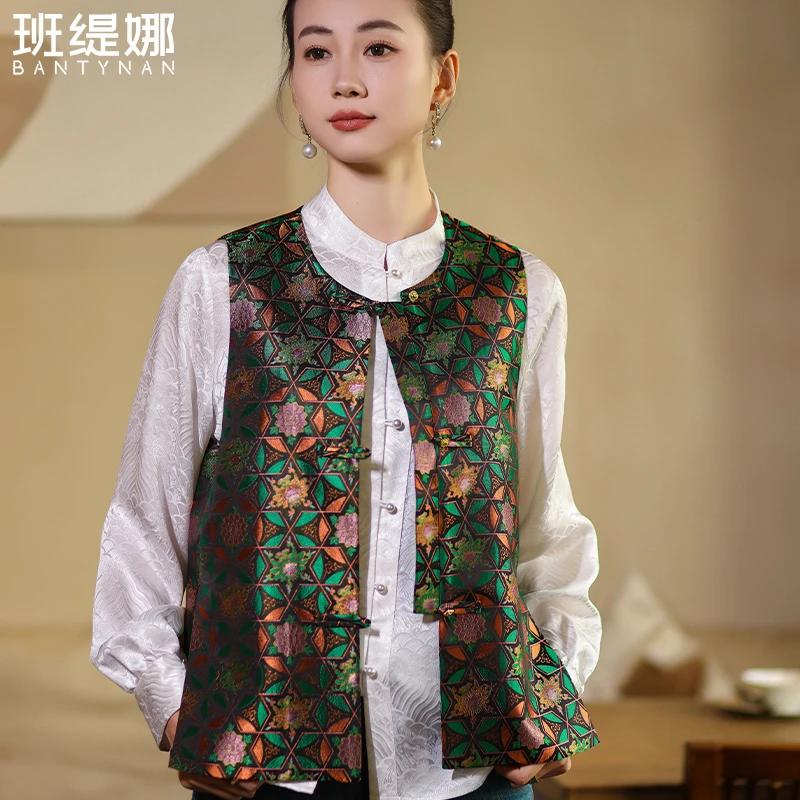 民族风女士印花单排扣中式提花唐装无袖马甲马夹时尚复古文艺圆领