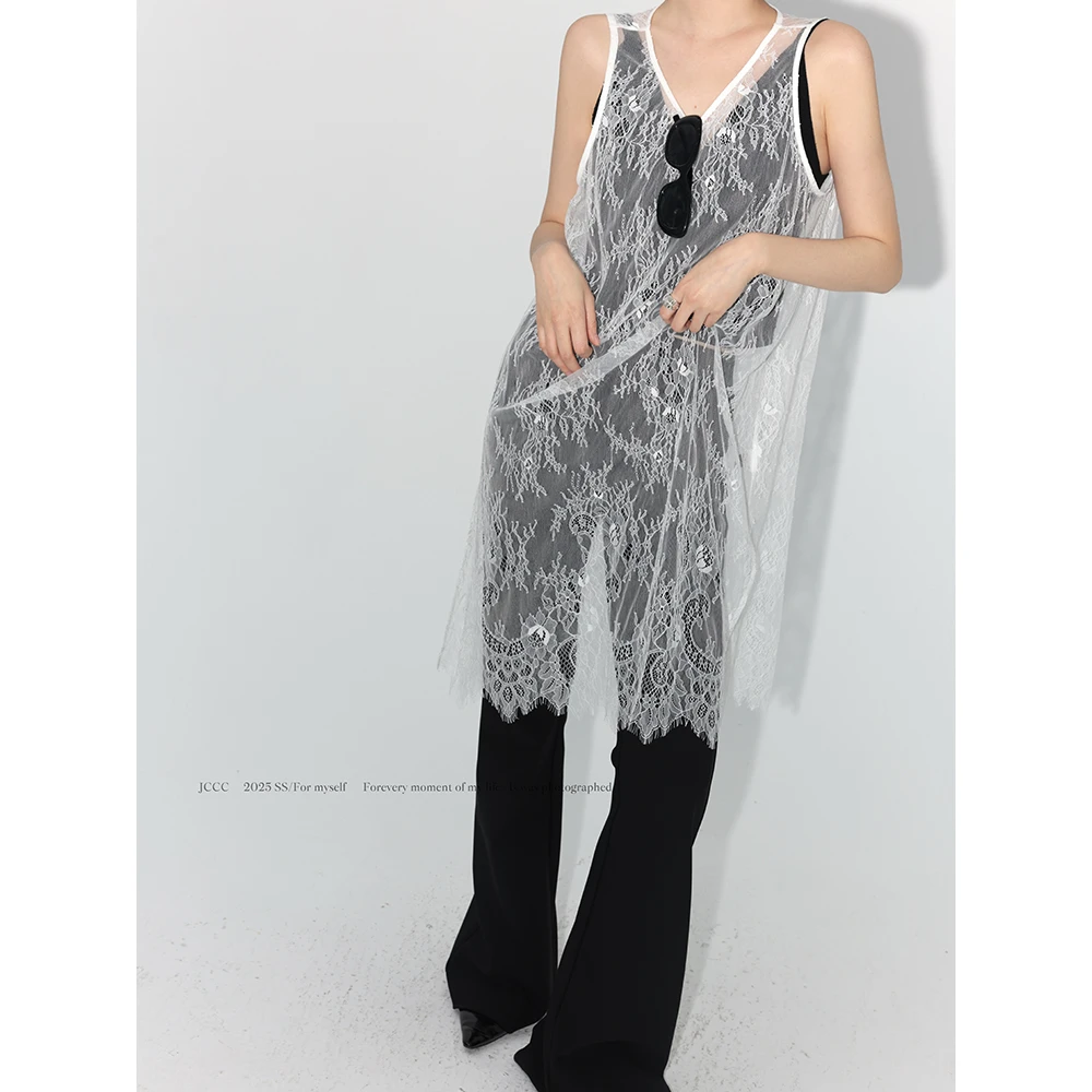 JCCC影子【花间盏】白色蕾丝无袖网纱叠穿吊带背心JE4JSL10