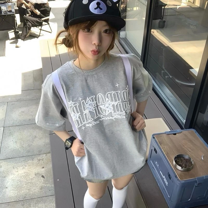 NASA ROAD夏季新款美式字母刺绣蕾丝韩版宽松纯棉短袖T恤上衣服女