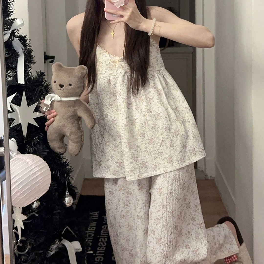 新款夏季甜美碎花背心吊带睡衣女带胸垫薄无袖性感少女家居服套装