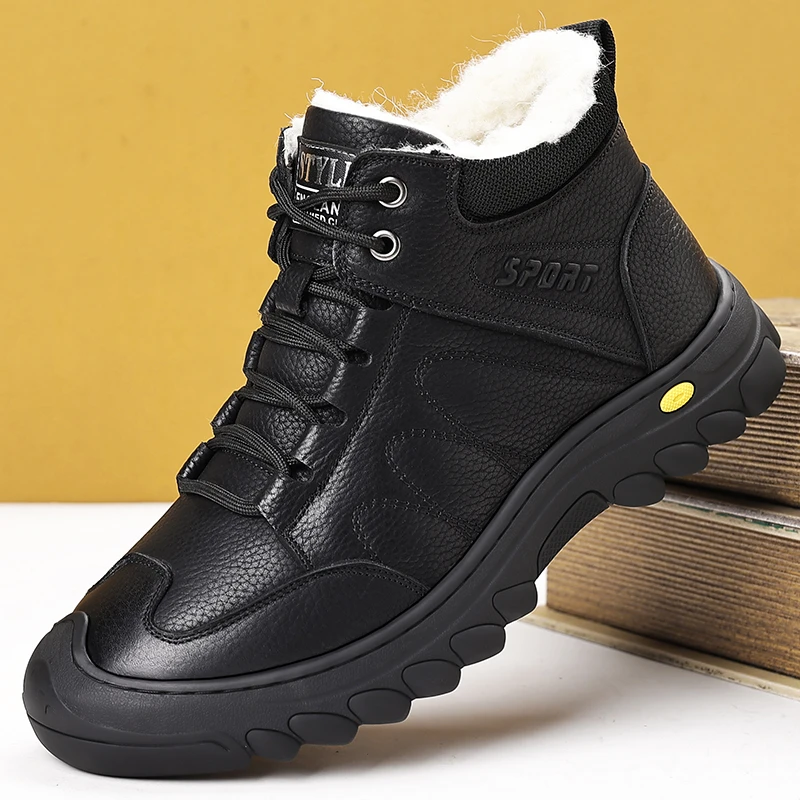 真皮男士纯色冬季低跟休闲风户外皮鞋平跟高帮棉鞋加厚靴子0998
