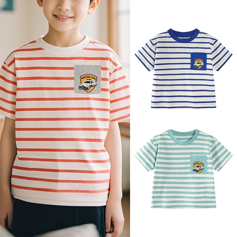 夏季男童条纹T恤纯棉儿童短袖衫薄款圆领半袖日系童装100-140码
