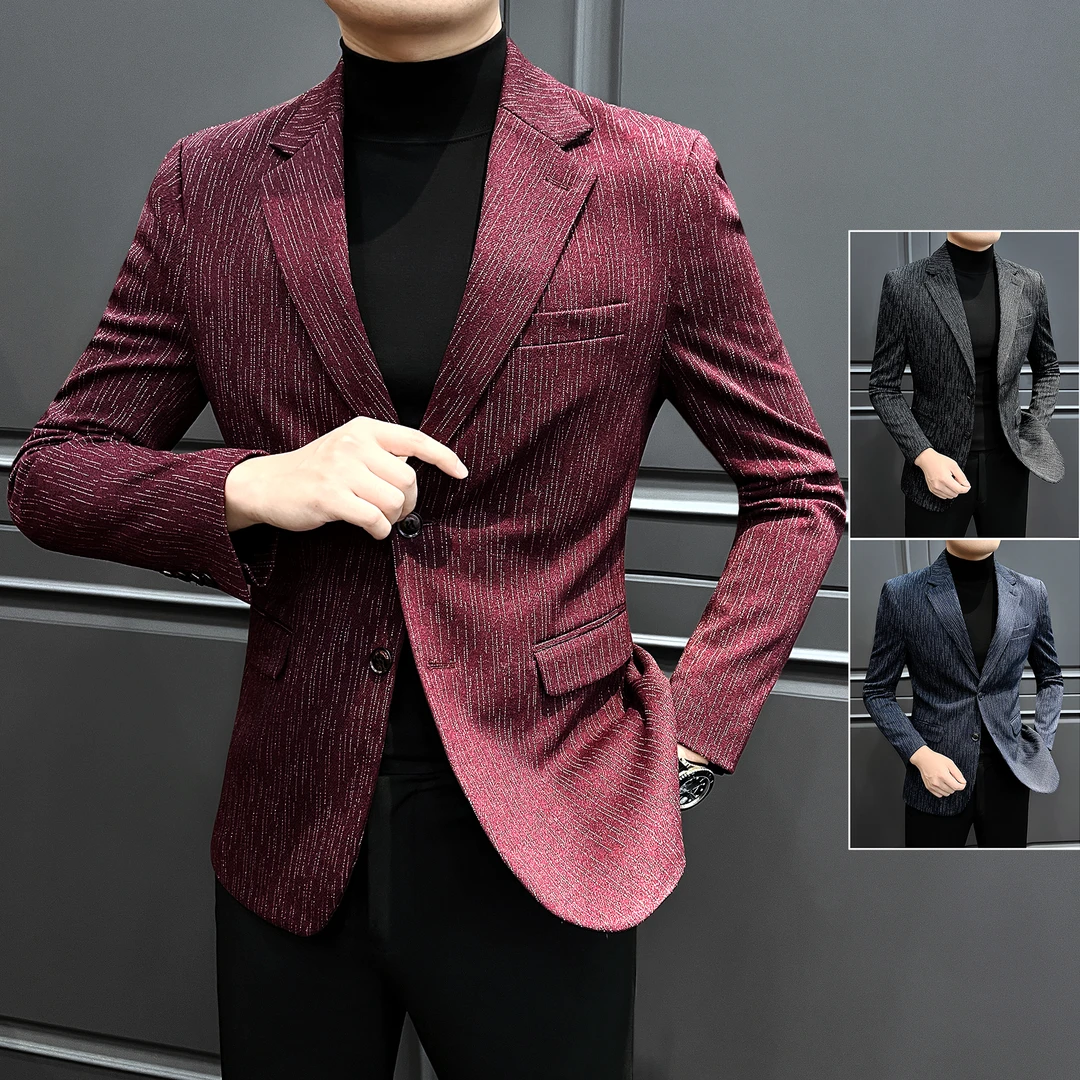 安可拉红条纹西装男款外套秋冬高级感轻奢痞帅银丝男士休闲小西服