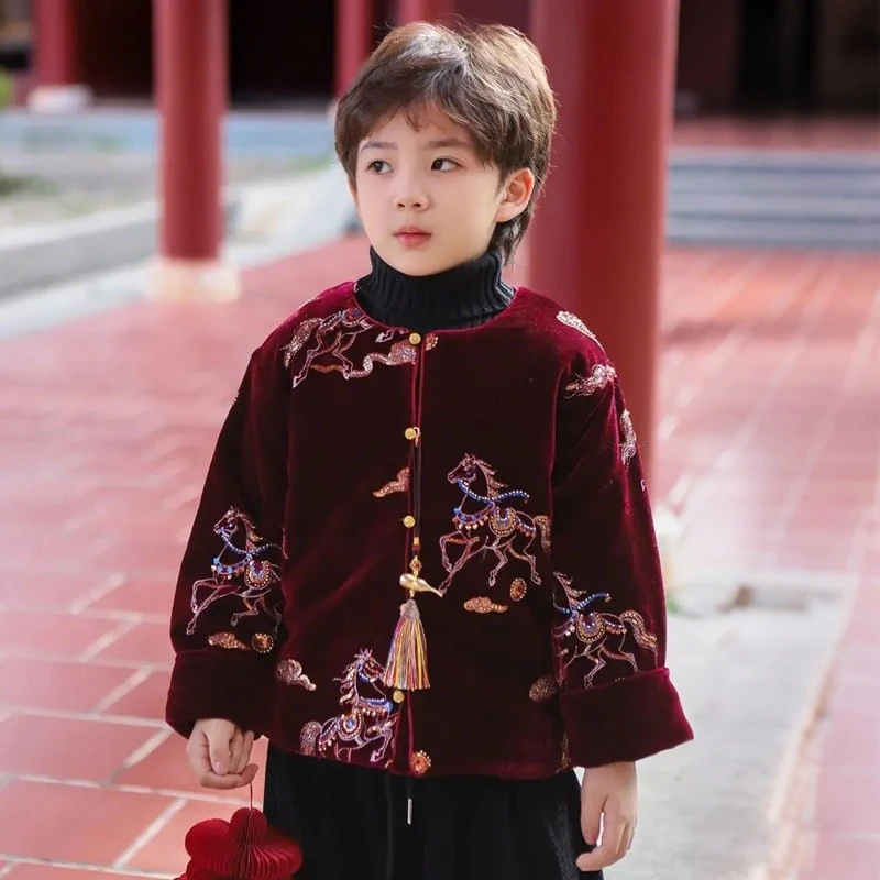 Bala巴拉童年男童红色外套2025新款冬季马年本命年服儿童加绒加厚