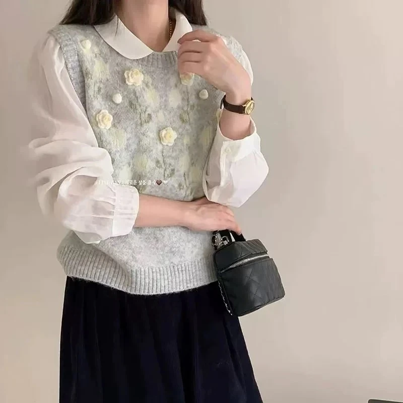秋冬季新款韩系甜美立体花朵针织马甲女宽松慵懒风时尚叠穿背心潮