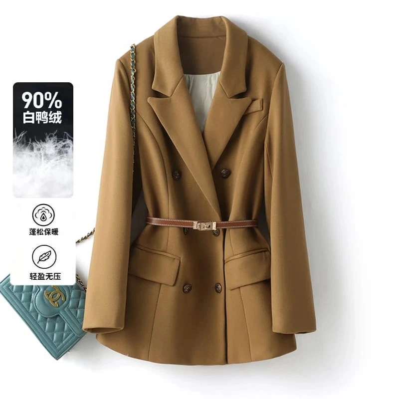 宽松常规时尚双排扣短款西服上衣耸肩袖米杏色休闲西装羽绒服收腰