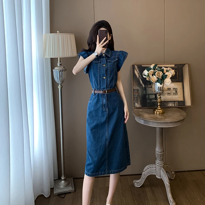 夏季气质牛仔连衣裙复古高腰时尚减龄韩系穿搭一整套中长款裙子