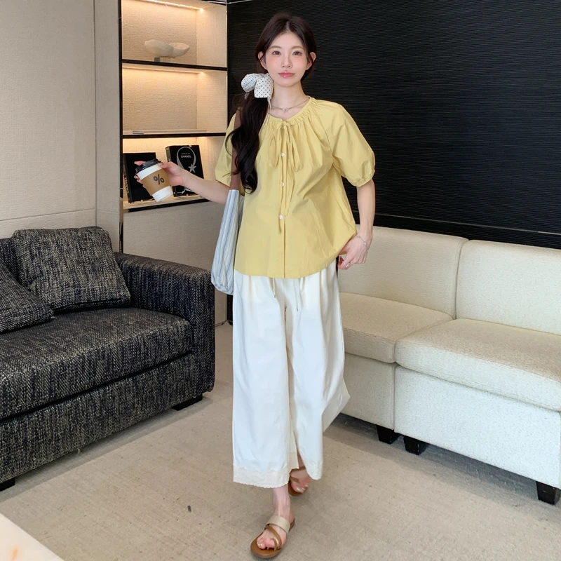 孕妇装夏季2025新款纯色泡泡袖设计感系带娃娃衫遮肚减龄孕妈上衣