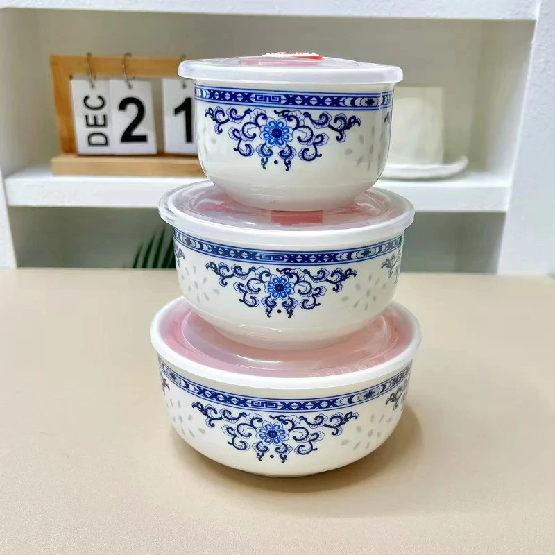 Y蓝藤花件套保鲜碗微波炉加热专用盒陶瓷碗带盖上班族饭盒密封