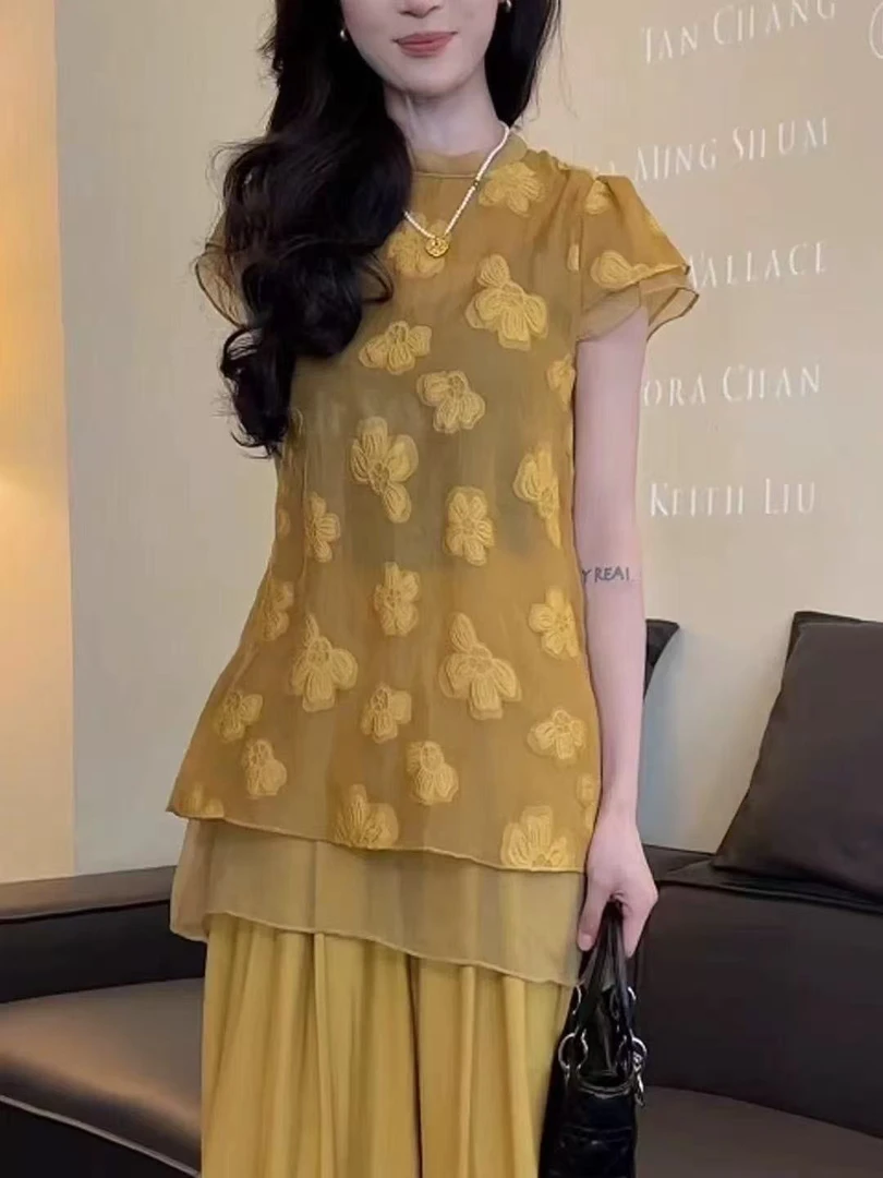 新中式国风小衫搭配阔腿裤气质蕾丝女夏服装