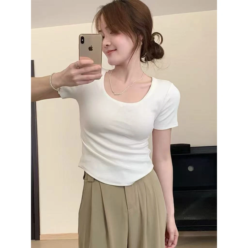 【苹果现货】XQ2496夏季新款显瘦百搭U领小蛮腰上衣