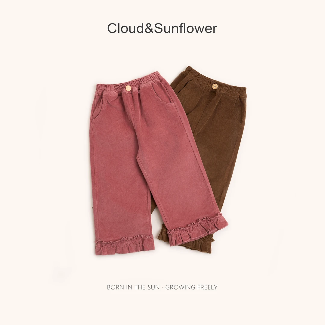 【云朵小葵】女童新款洋气条绒裤脚花边纯色直筒百搭休闲裤1112746