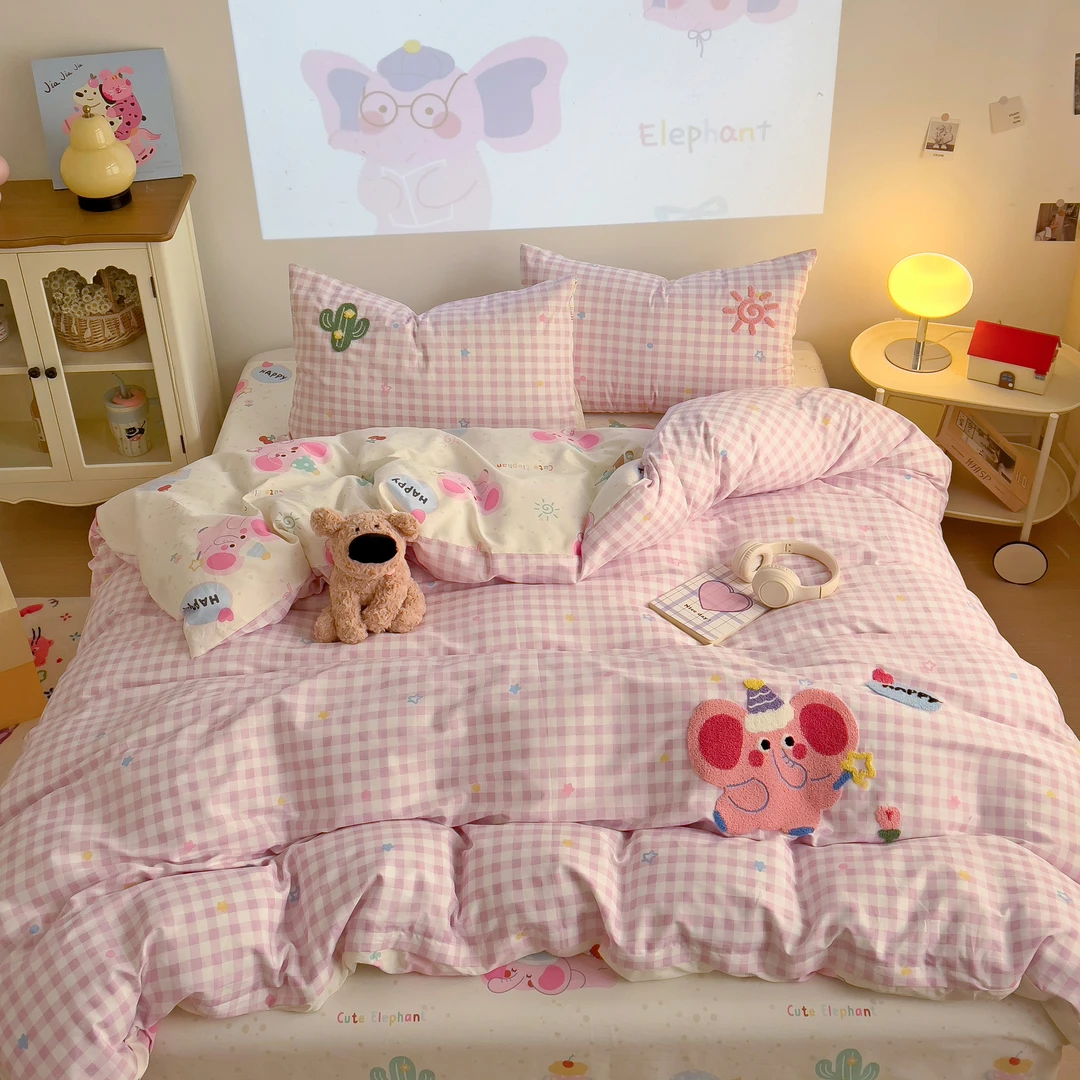 特！小玲子 粉色小象系列  全棉纯棉毛巾刺绣三件套四件套  可爱风