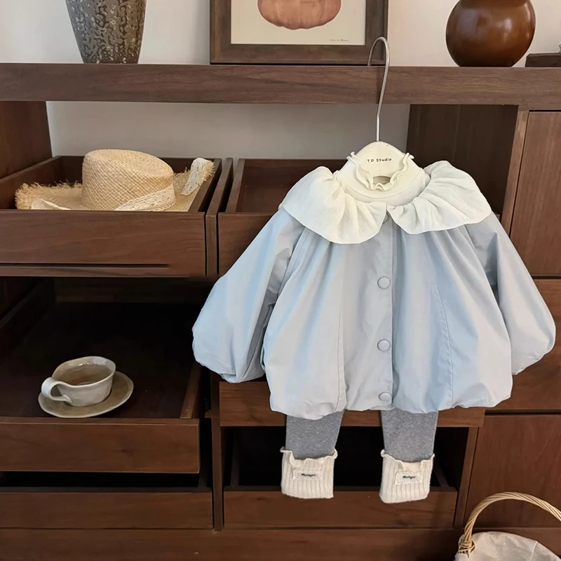 25秋季新款又乖又甜!女宝宝荷叶大翻领风衣外套花边打底裤套装