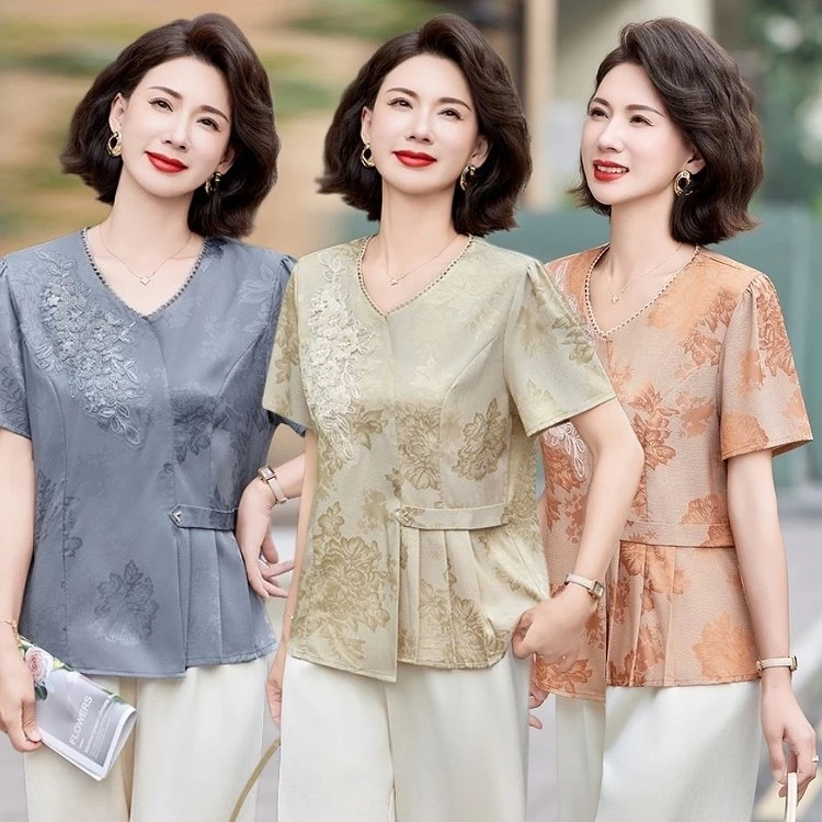 时尚新中式妈妈两件套女夏套装高档国风刺绣短袖上衣直筒裤两件套