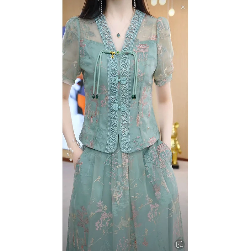 美瑞上下两件套印花连衣裙女2025新款夏季修身妈妈装新中式套装裙