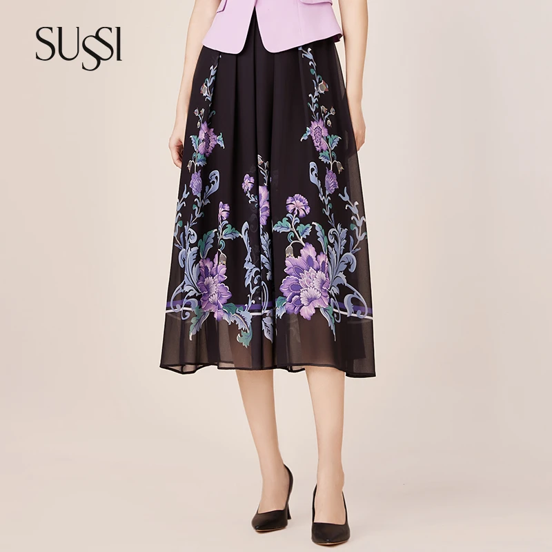 SUSSI/古色24夏季新品商场同款黑色印花百褶裙伞裙半身裙长裙女
