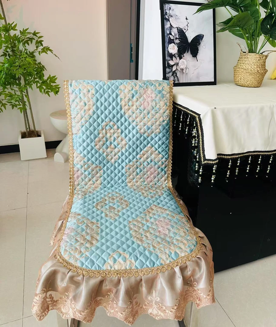 蓝色中式连体椅子垫高精密天丝贡缎提花刺绣