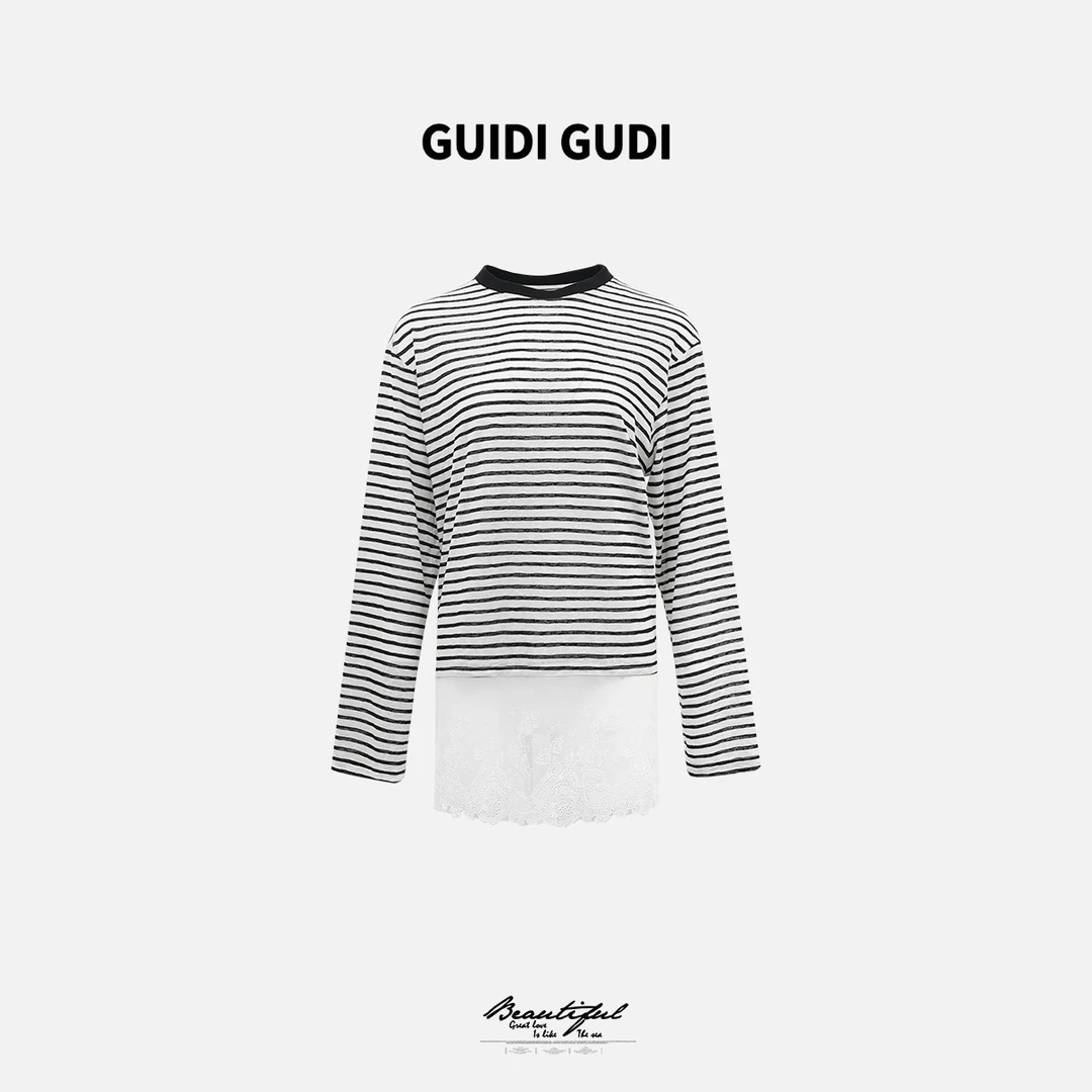 GUIDI GUDI【无拘无束】黄加蓝重工条纹蕾丝长袖T恤
