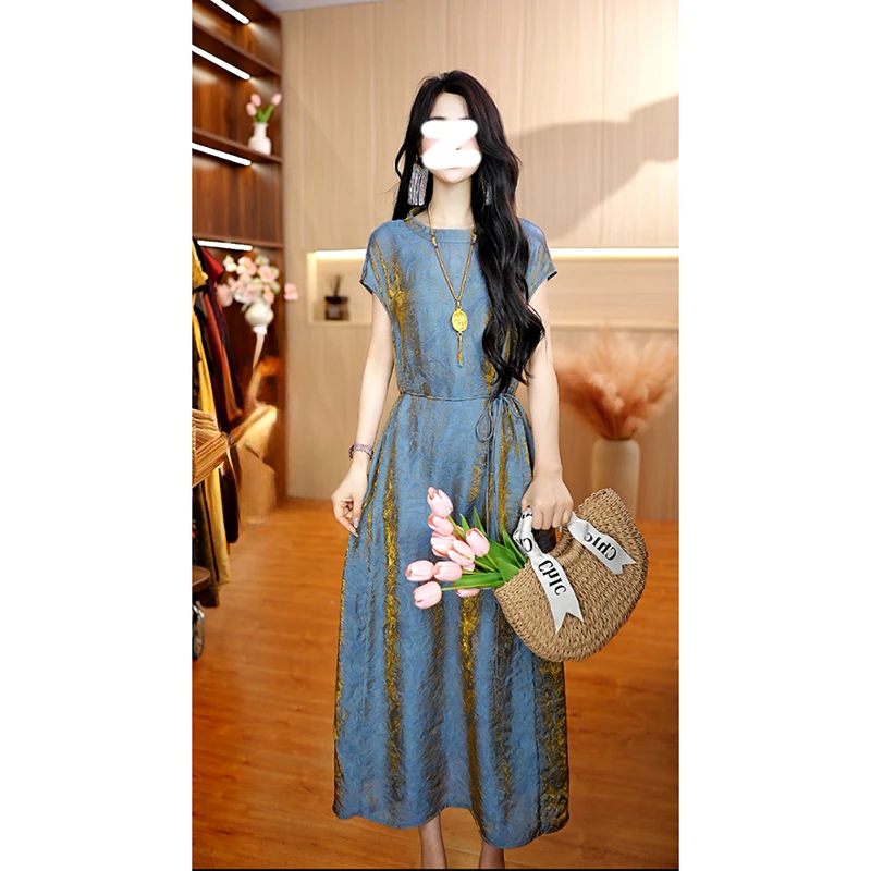 2025夏季新款法式简约提花连衣裙女绑带收腰显瘦高端气质长款裙子