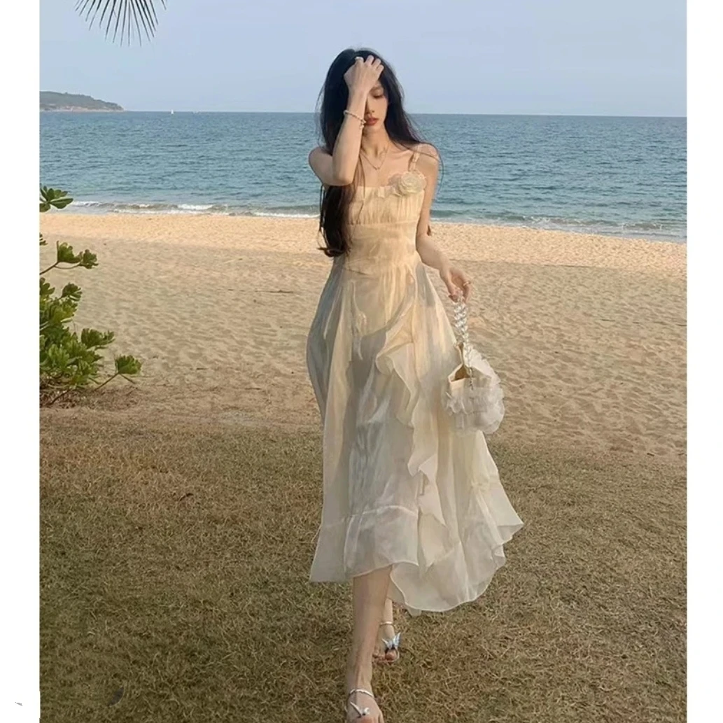 法式仙女吊带连衣裙收腰气质显瘦裙（无胸垫）