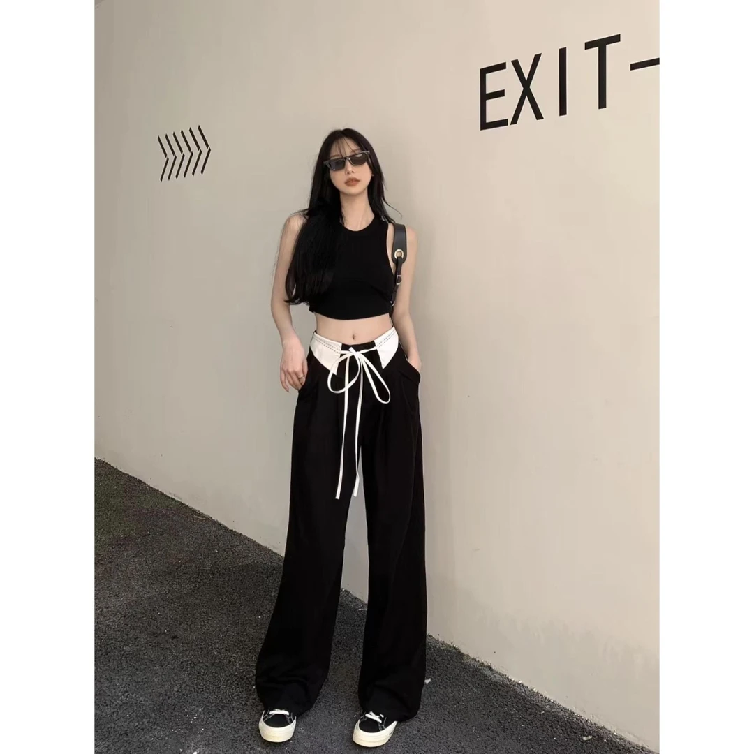 黑色抽绳休闲裤女秋季长裤宽松垂感高腰百搭西装阔腿裤